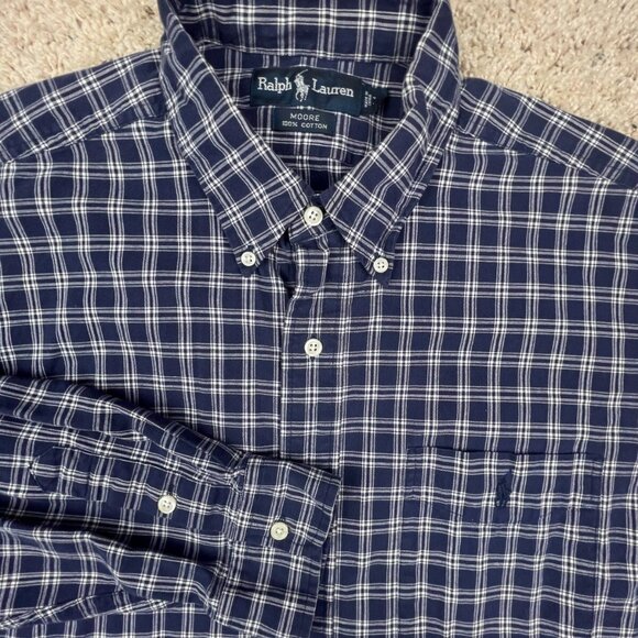 Ralph Lauren Moore Long Sleeve Button Up Shirt Size Large Plaid Blue White - Picture 1 of 9